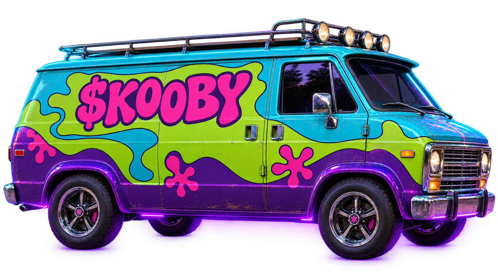 The $KOOBY Mystery Machine, a turquoise and purple detective van